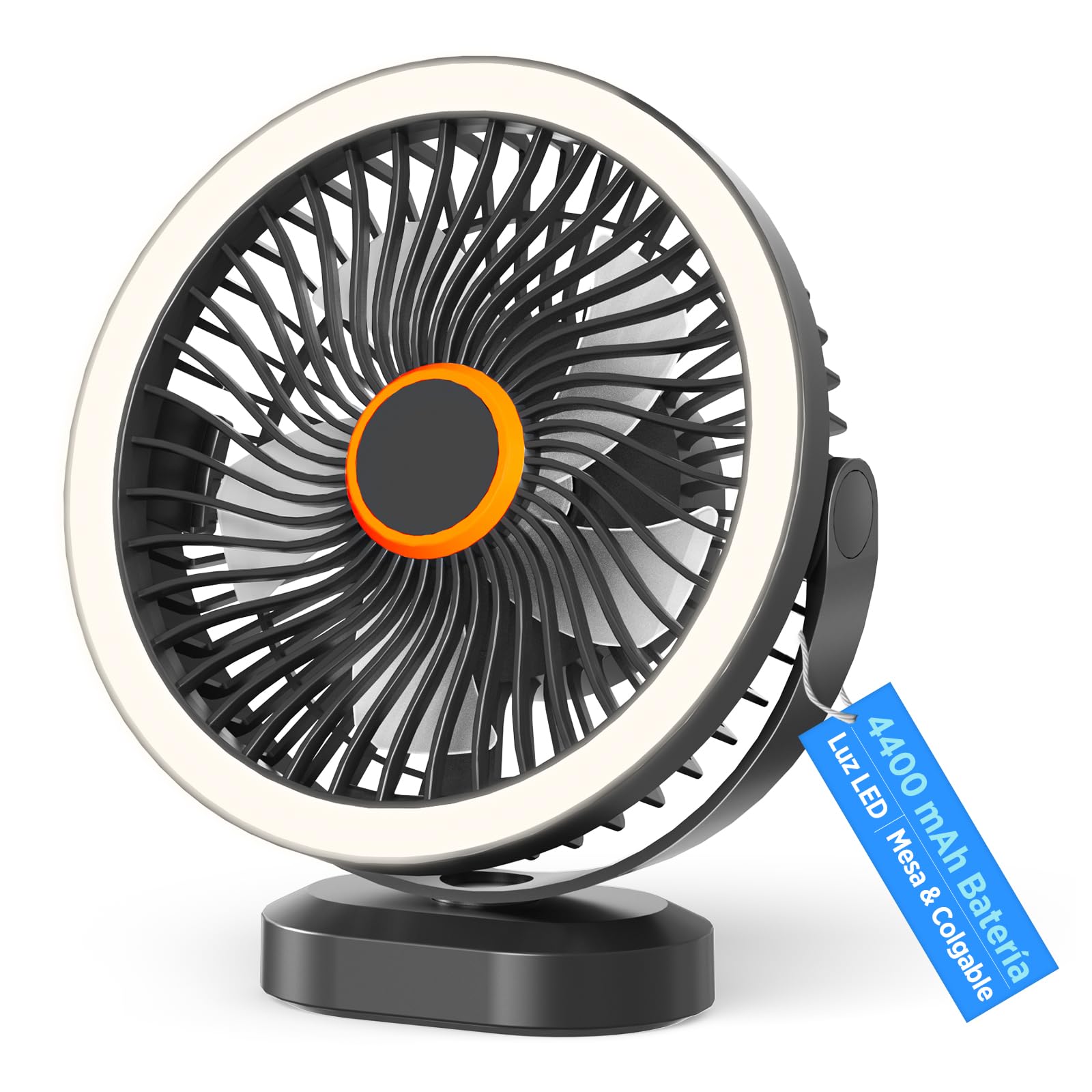 Lepwings Ventilador de Mesa, USB Recargable de 4400 mAh, 3 Velocidades, Ventilador Portátil de 8 Pulgadas con Luz LED y Gancho Colgante, Autonomía de 4-12H, para Oficina, Dormitorio, Camping