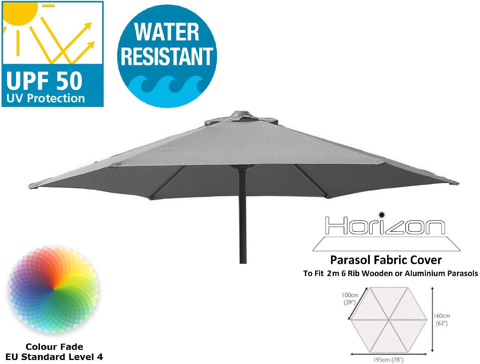 HORIZON 2M REPLACEMENT PREMIUM PARASOL FABRIC COVER 6-ARMS 210G (Grey)