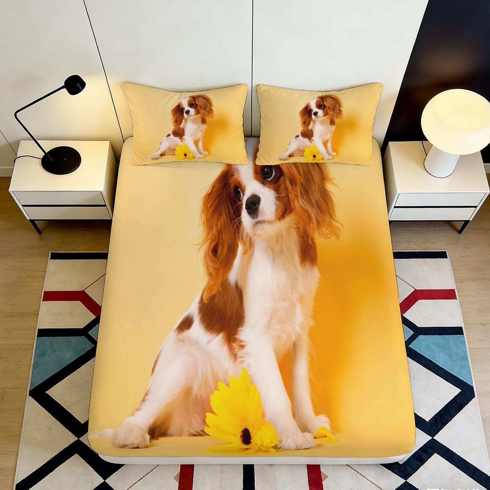 3D Printed Dog with Sunflower Fitted Sheet Microfiber Soft Bed Cover for Bedroom Dorm Mattress Protection Decor 90x200x25cm