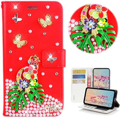 STENES Bling Wallet Phone Case Compatible with Moto G Stylus (2023) Case - Stylish - 3D Handmade Flowers Leaf Butterfly Floral Glitter Magnetic Wallet Stand Leather Cover Case - Red