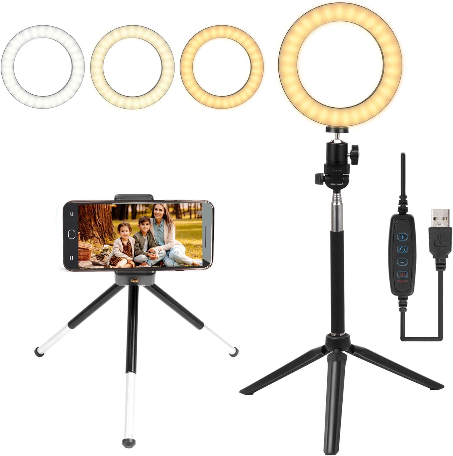 LED Ring Light With Tripod Stand 6" Selfie Light,Desk Makeup Ring Light Kit With Phone Holder 64 LED USB 10 Levels Brightness For Live Streaming Webcast Youtube Vlog Camera Studio Video Shooting Black