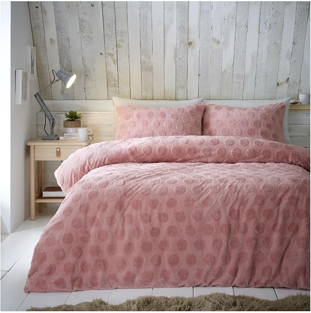 GC GAVENO CAVAILIA Easy Care Faux Fur Cosy Duvet Cover, Teddy Fleece Polka Dots Bedding, Warm Quilt Set, King, Blush Pink