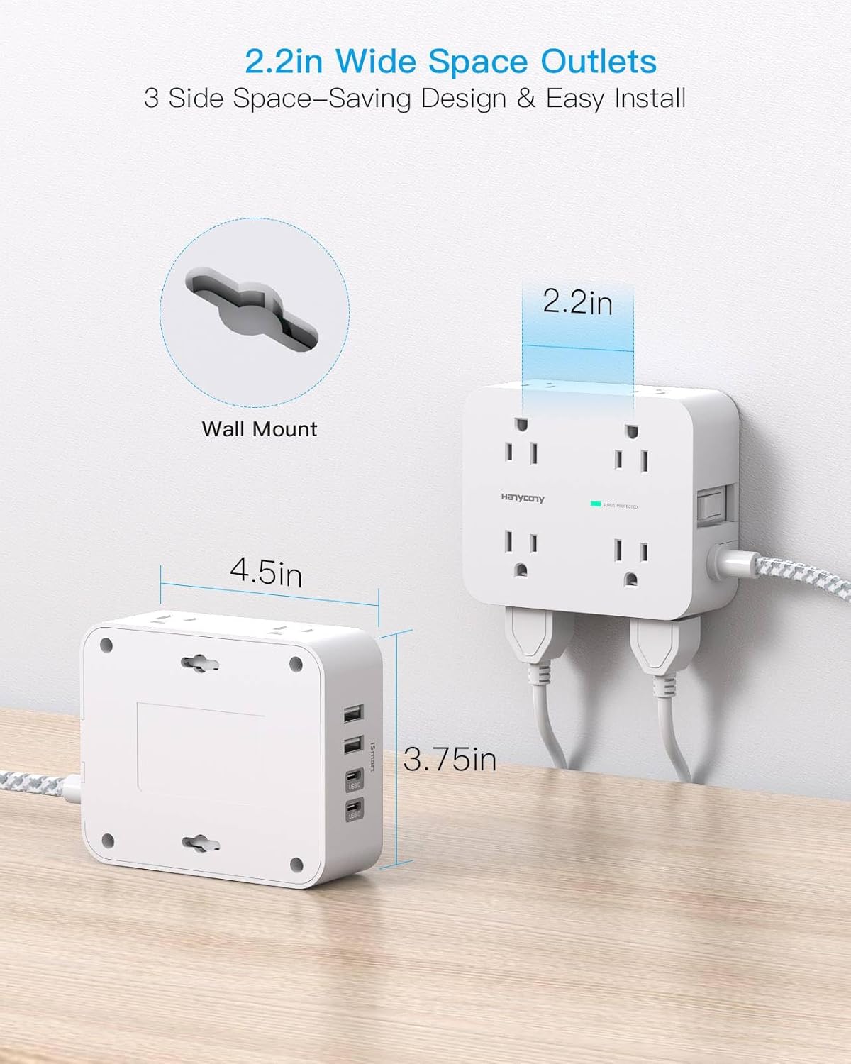 10Ft Extension Cord with Multiple Outlets, Surge Protector Power Strip 10 Ft Cord, 8 Outlets 4 USB Ports(2 USB C), Flat Outlet Extender, Desk Charging Station for Home Office College Dorm Essentials