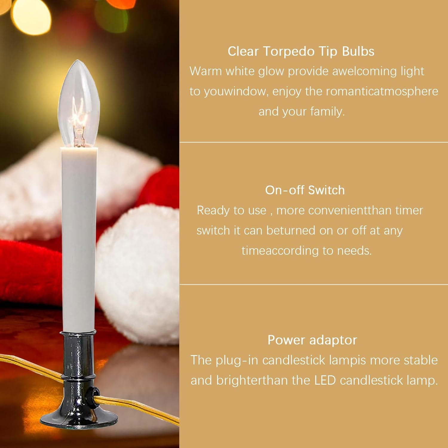 4 Pack Electric Window Candle Lamp with Pewter Plated Base, Christmas Window Candle Light On/Off Switch C26 7 Watt Bulb for Home Decor Holiday Party Christmas