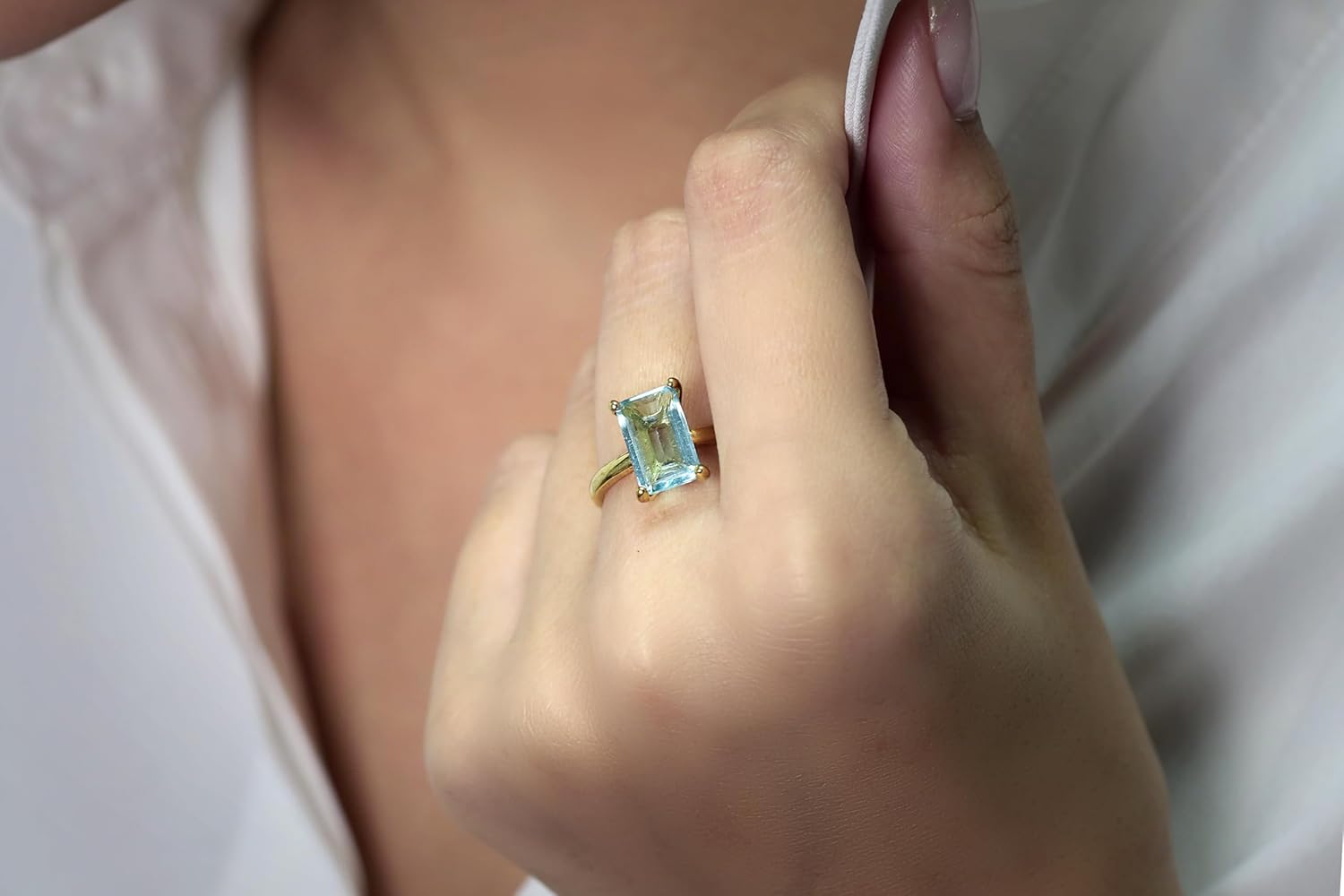 Blue Topaz Rectangle Ring in Gold-Filled Band - Stackable Engagement Jewelry - November Birthstone with Emerald-Cut Design