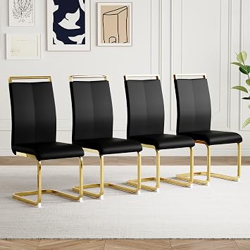 AZmac Modern Dining Chairs Set of 4, Armless Kitchen Chairs with Padded Seat,Black Dinning Chair with Gold Legs for Dinning Kitchen and Living Room