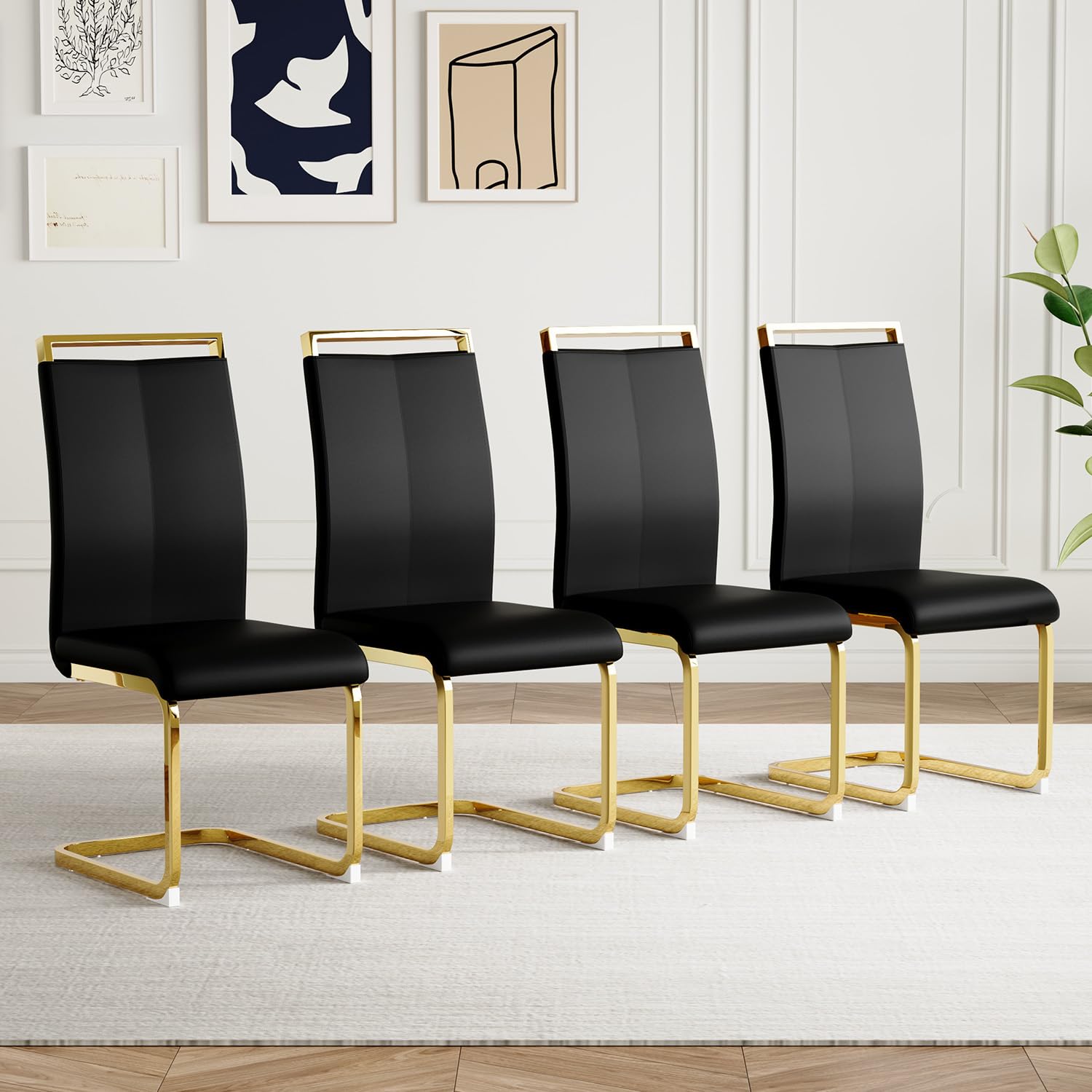 AZmac Modern Leather Dining Chairs Set of 4,Armless Kitchen Chairs,Dining Room Chairs with Upholstered Padded Seat and Sturdy Gold Legs for Dining