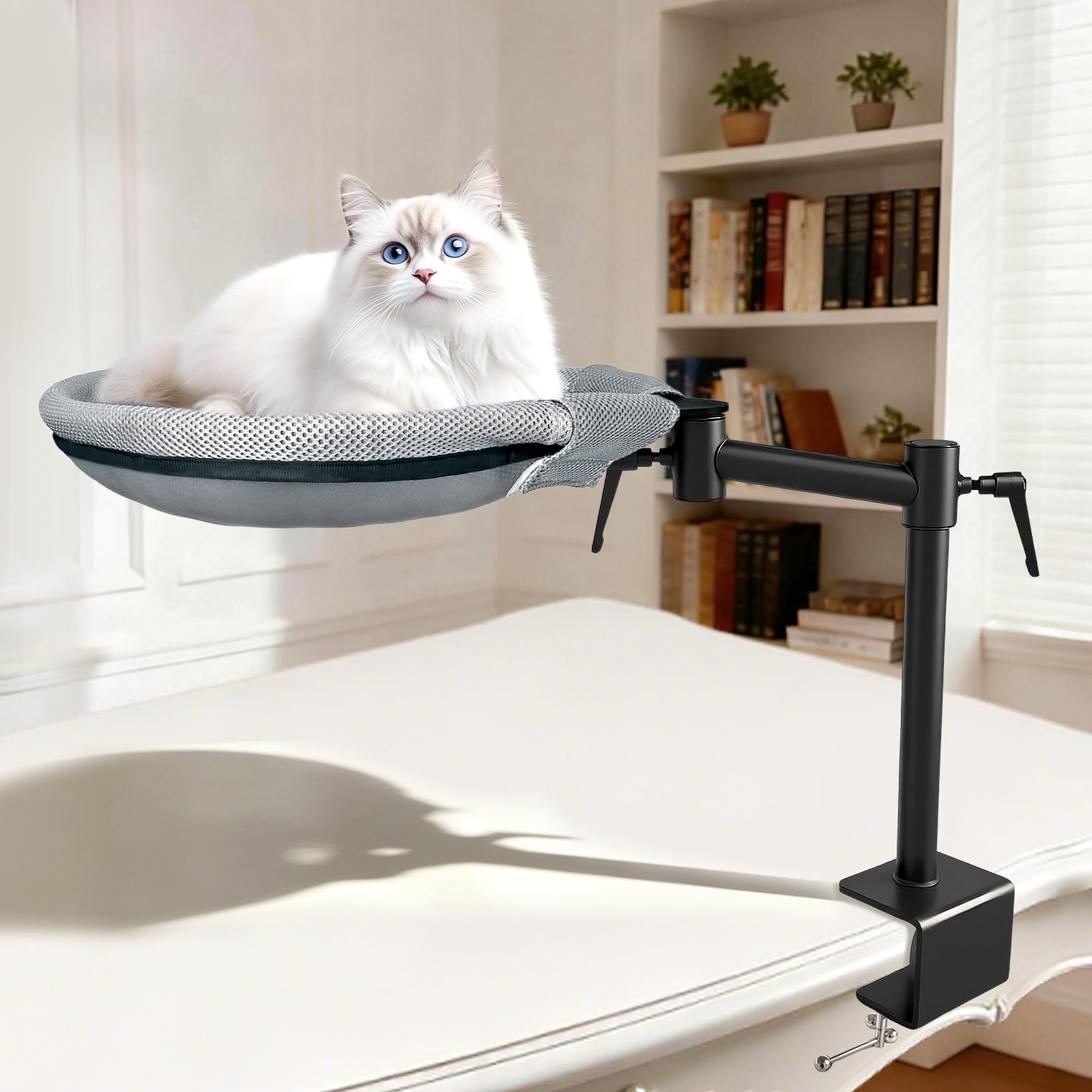 Panier Chat Bureau Réglable en Hauteur | Lit de Bureau pour Chat Rotation de 360° Lit pour Chat avec 2 Housses en Filet Amovibles Hamac pour Bureau Jusqu'à 20KG, Gris