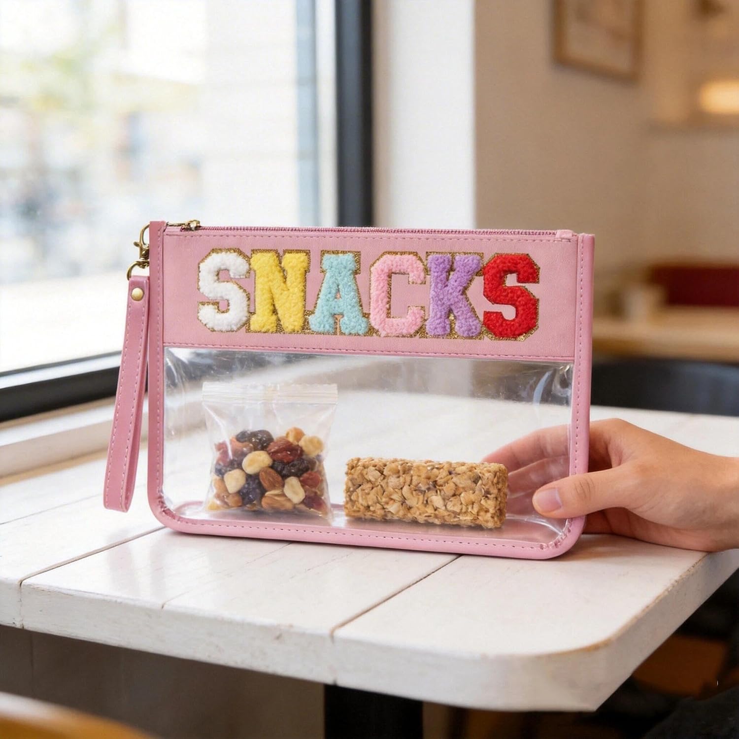 Clear Waterproof Nylon Snack Cosmetic Bag with Chenille Letter Patch image 2