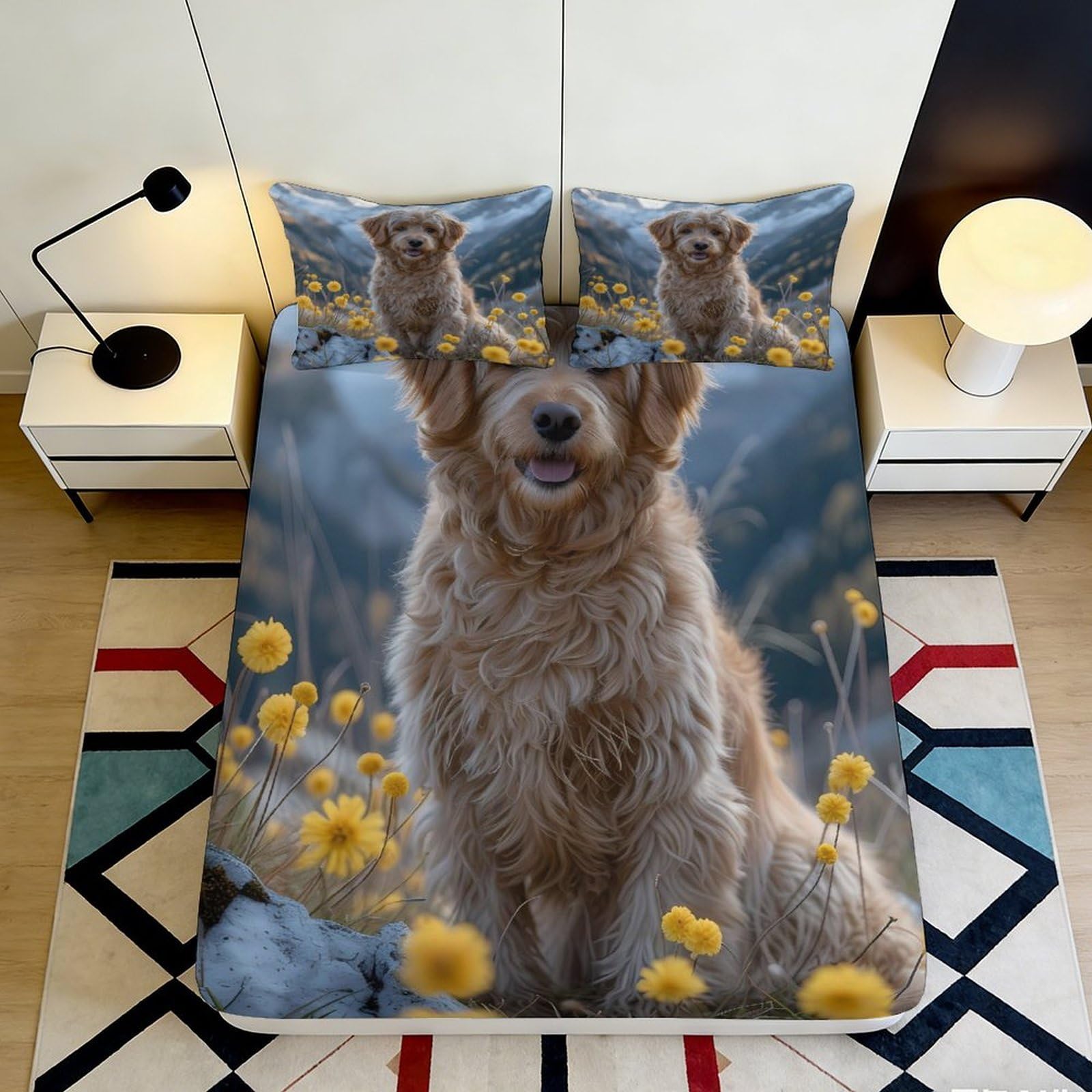 3D Printed Golden Retriever Fitted Sheet Microfiber Soft Floral Dog Mattress Cover for Bedroom Guest Room Decor 90x200x25cm