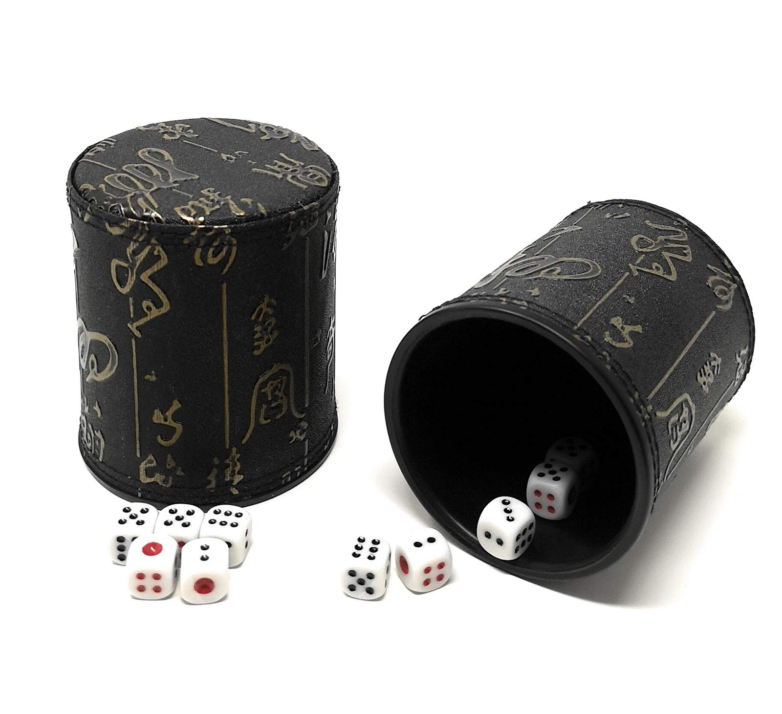 Thy Collectibles Würfelbecher mit 5 Würfeln, PU-Leder, professionelles Würfel-Shaker-Set für Yahtzee/Craps/Backgammon oder andere Würfelspiele, chinesisches Kalligraphie-Design, 2 Stück