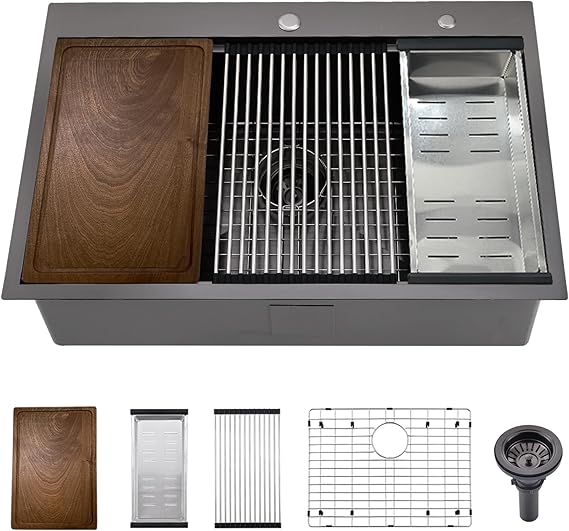 33-inch Black Drop in Kitchen Sink Workstation, BoomHoze 33x19 Topmount Drop-in Kitchen Sink Black 16 Gauge Stainless Steel Kitchen Sink Handmade Single Bowl Deep Kitchen Sink with Cutting Board