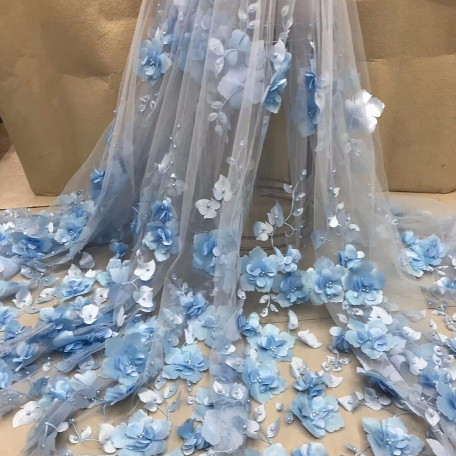 Tulle Fabric Roll 2 Yards Flower Applique Beads Lace Fabric Wide Mesh Tulle Sewing Skirt Dress Bridal Veil Home Curtain Decor DIY Crafts(Navy Blue)