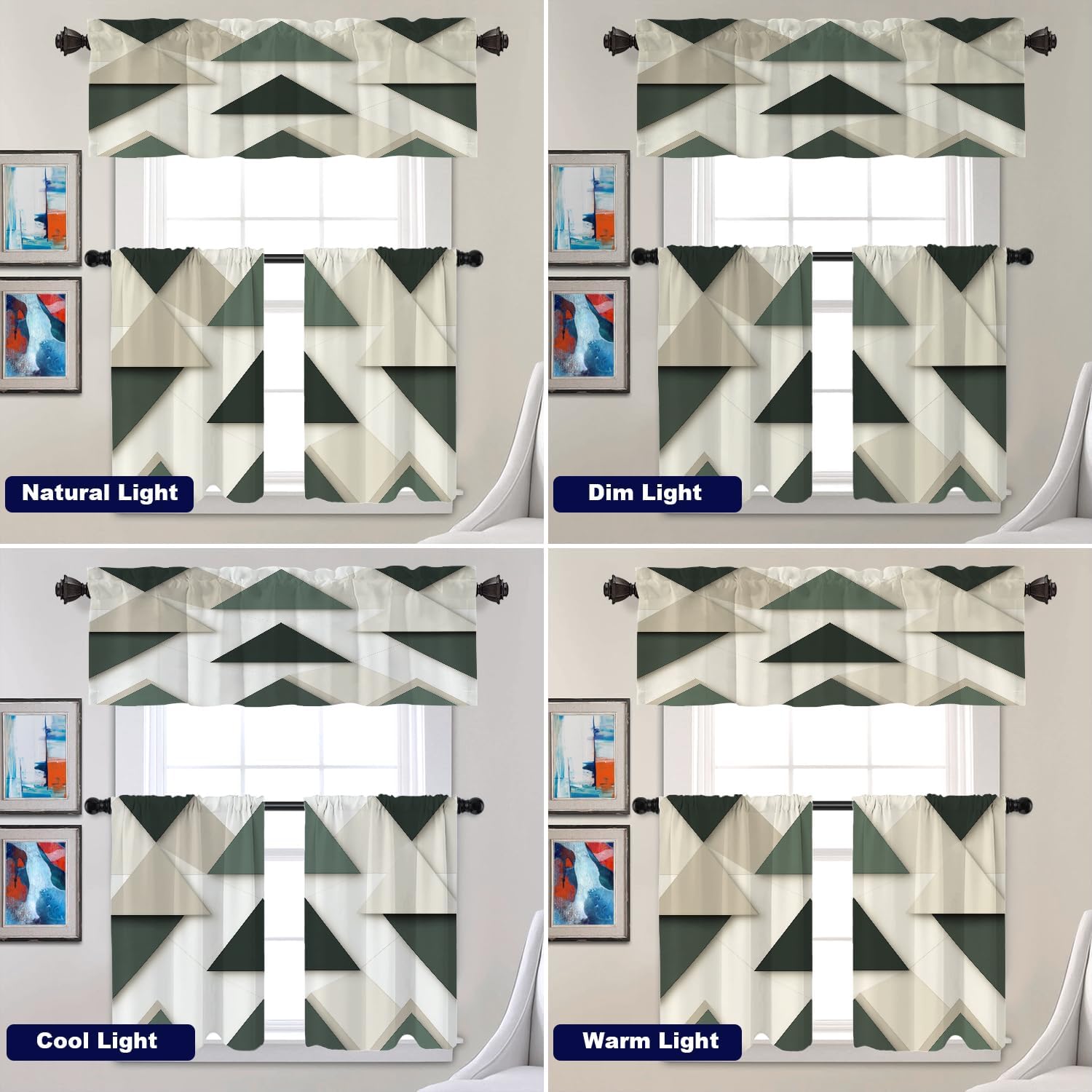 Batmerry Abstract Geometric Art Tier Curtains, Neutral Tones Contemporary Cafe Curtain Short Kitchen Drapes Small Valance for Bathroom, 2 Pack 36X26 Inches