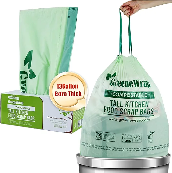 GreeneWrap 13 Gallon Compostable Trash Bags Liner with Drawstring, Heavy Duty Extra Thick 1 Mil, 49.21 Liter, 30 Bags, Tall Kitchen Food Scrap Waste Bag, BPI and OK Compost Home Certified, ASTM D6400