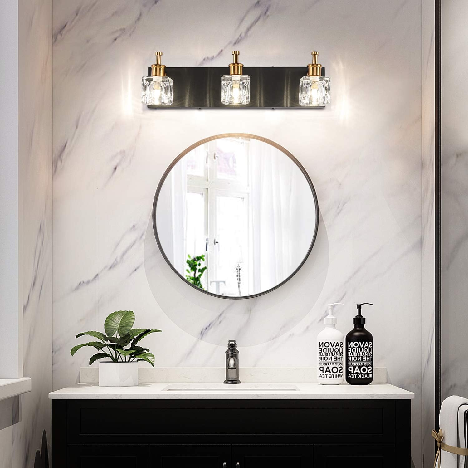 PRESDE Modern Black Bathroom Vanity Light Fixtures Over Mirror LED Crystal 3 Light Bath Wall Lighting