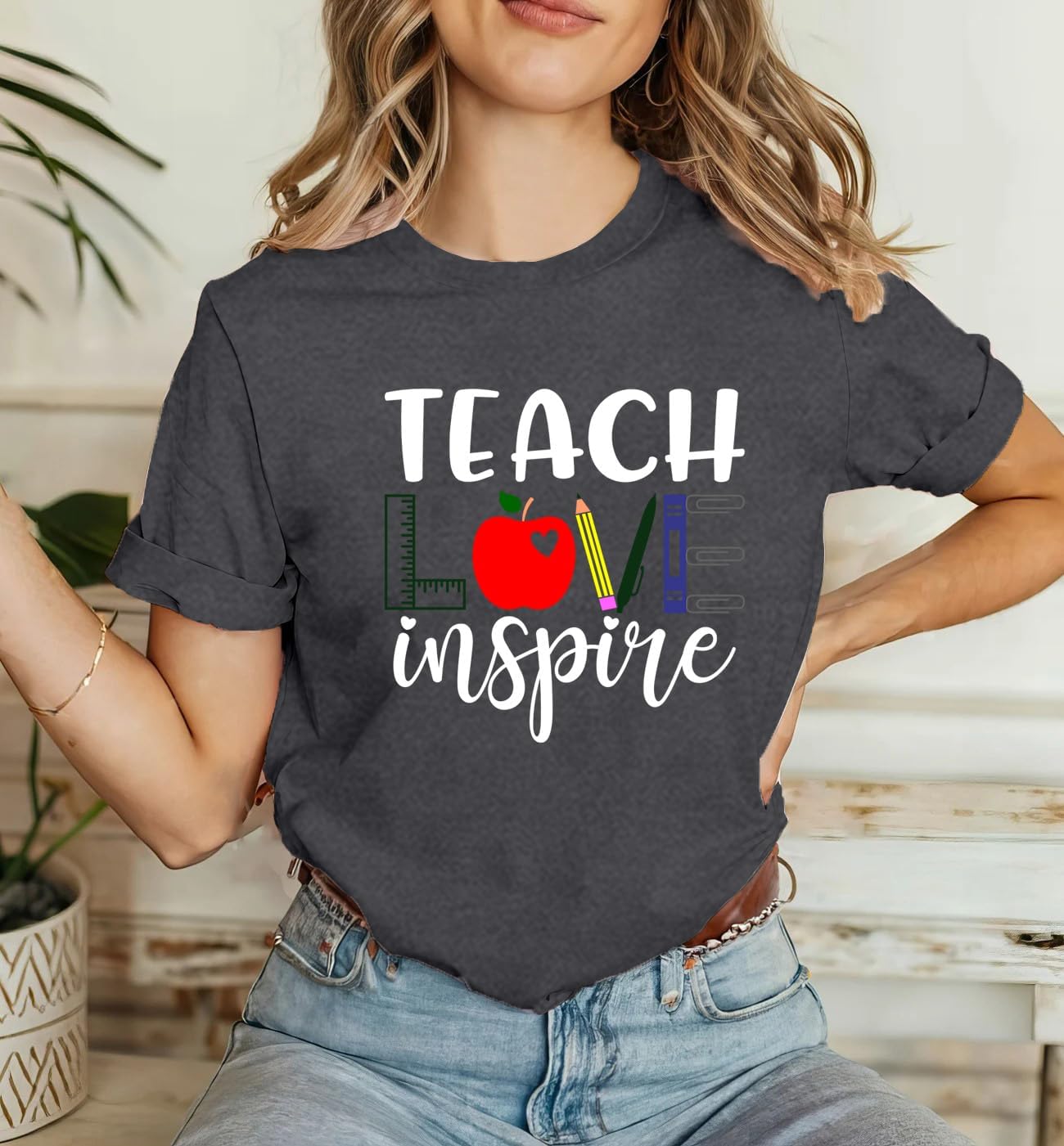 Womens Teacher Shirt Teach Love Inspire T-Shirt Teacher Life Tee Tops - Image 3