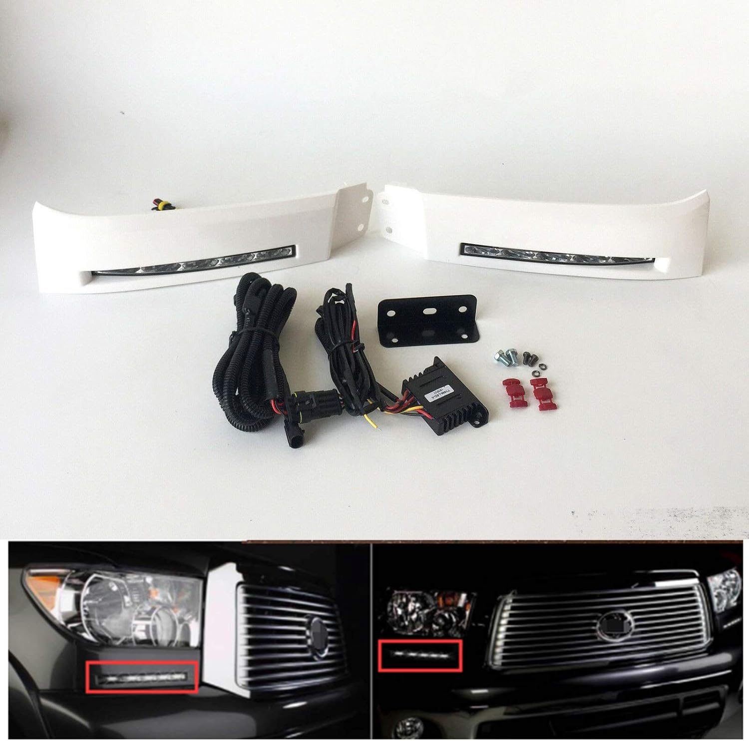 LED DRL Fog Lights Compatible with Tundra Sequoia 2007 2008 2009 2010 2011 2012 2013 Front Bumper Filler Panel LED DRL Fog Lights kits with Bezel Wire Harness
