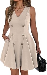 Women V Neck Casual Work Dresses with Pockets | Sleeveless A Line Short Dress,Business Casual Dress,Summer Office Dress,Elegant Semi Formal Job Interview Outfit,Dinner Dress