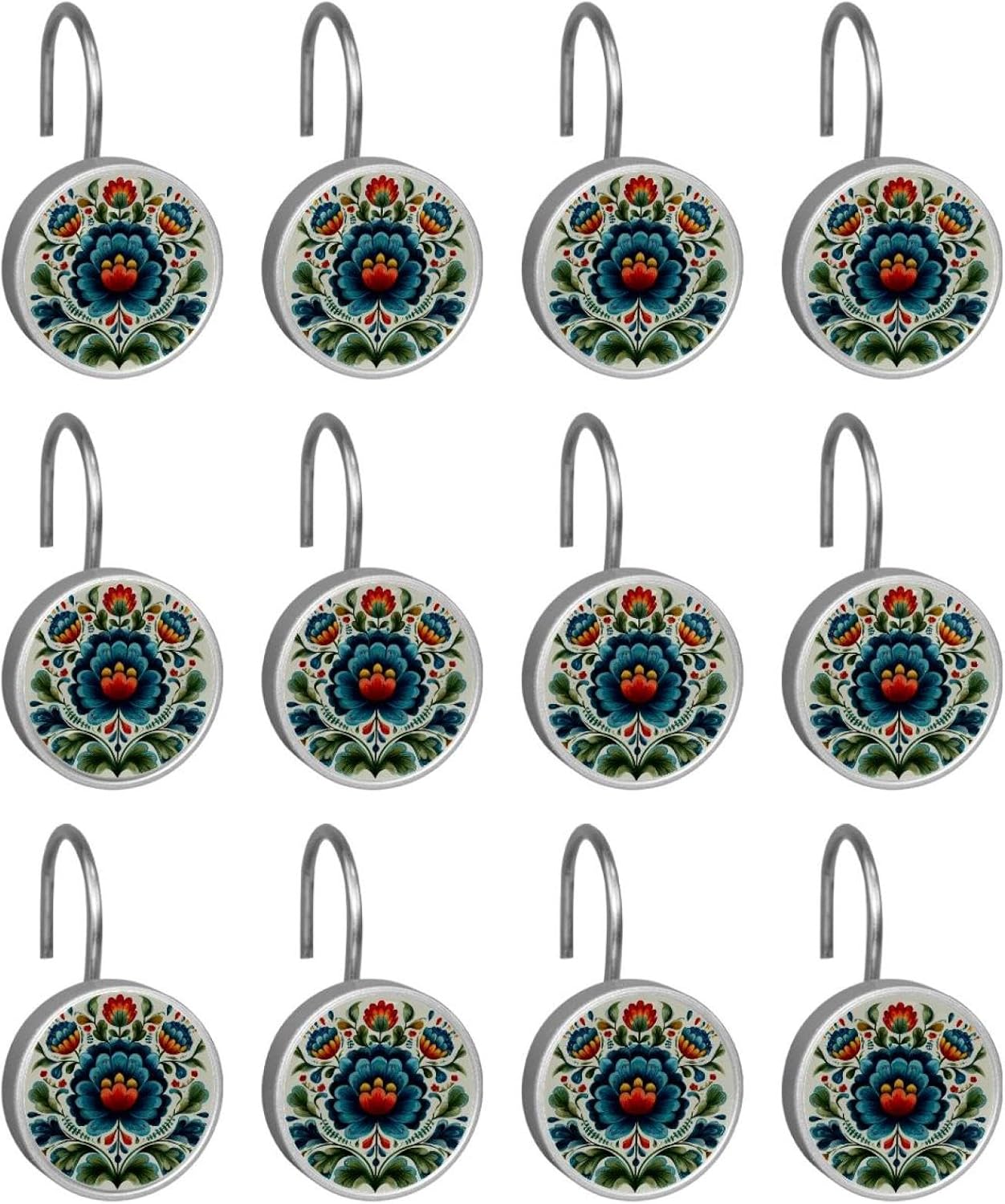 12pcs Norwegian Rosemaling Folk Style Flower (33) Shower Curtain Hooks, Shower Curtain Hanger Rings Roller, Stainless Steel Round Shower Rings Hangers for Bathroom