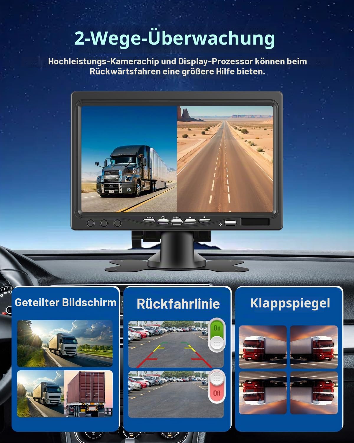 NHOPEEW Rückfahrkamera Kit mit 7 Zoll Monitor - Double 1080P Backup-Kamera Unterstützung IP69 wasserdicht/Super Nachtsicht/Weitwinkel - Monitor-Kit für LKW/Bus/Trailer/Wohnmobile
