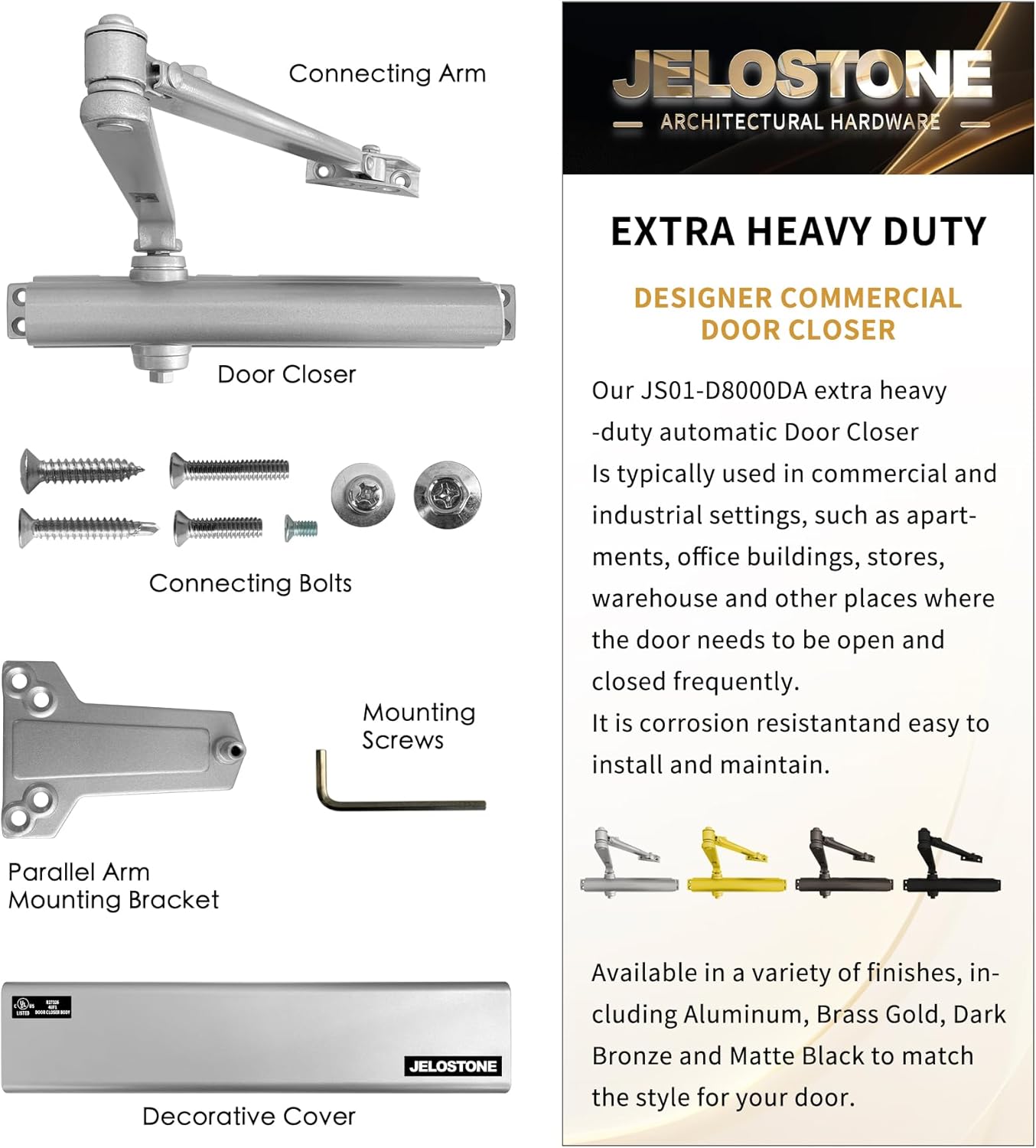 Heavy Duty, Commercial Door Closer D8000DA, ANSI Grade 1, UL 3 Hour Fire Rated, ADA Compliant, Delayed Action, Adjustable Spring Size 1-6 for Doors(44-330LB/30-60 in), Indoor/Outdoor (Aluminum)