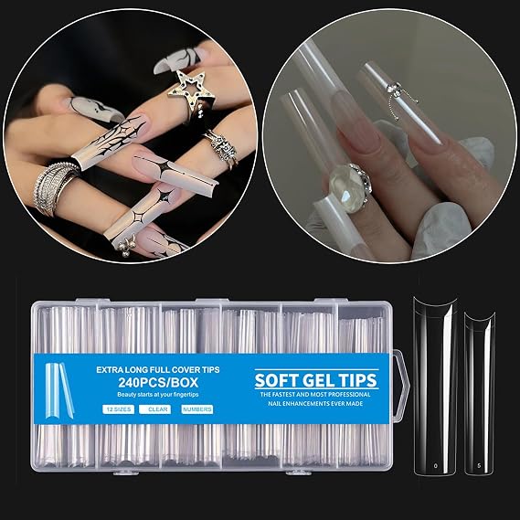 240Pcs Clear Acrylic Nail Tips - Extra Long Straight Square False Nails, 12 Sizes Full Cover Nail Extensions​ 3XL Size Salon Art Home DIY Kit