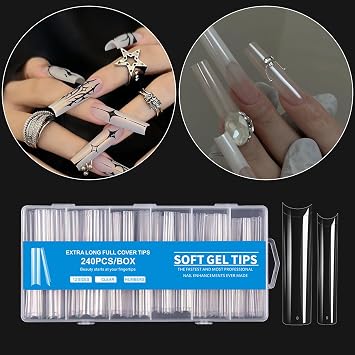 240Pcs Clear Acrylic Nail Tips - Extra Long Straight Square False Nails, 12 Sizes Full Cover Nail Extensions 3XL Size Salon Art Home DIY Kit