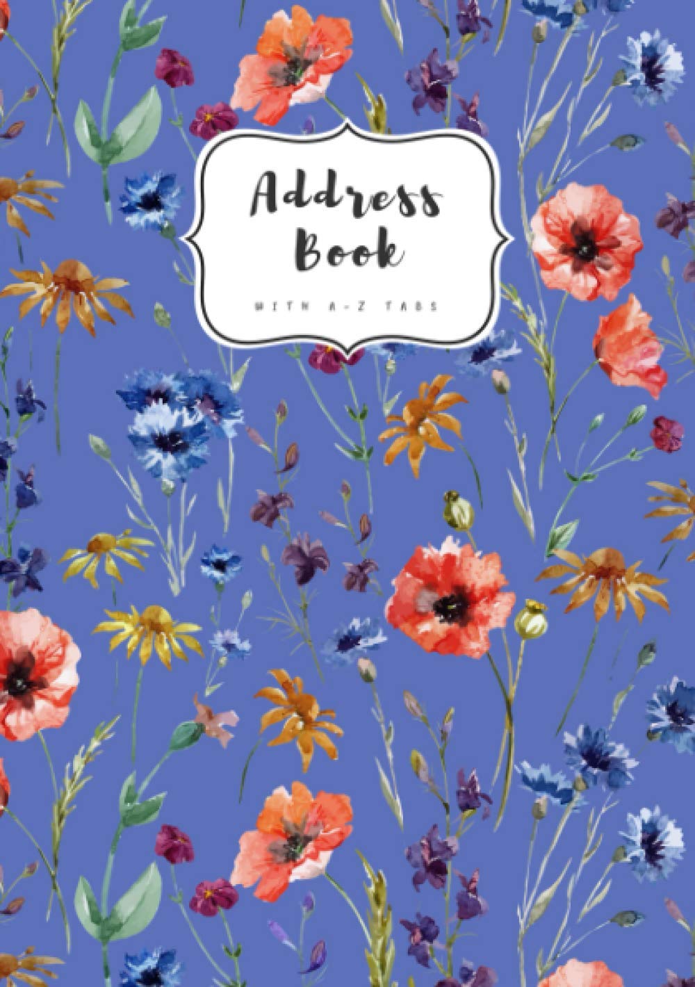 Address Book with A-Z Tabs: A5 Contact Journal Medium | Alphabetical Index | Watercolor Poppy Cornflower Chamomile Design Blue