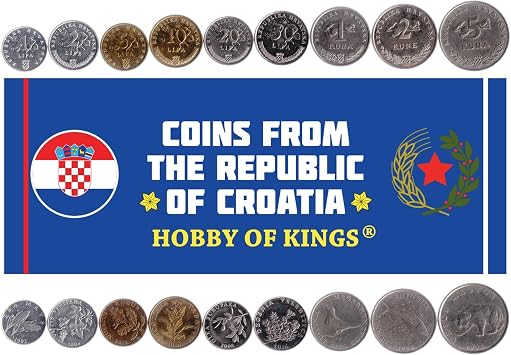 9 Coins from Croatia | Croatian Coin Set Collection 1 2 5 10 20 50 Lipa 1 2 5 Kuna | Circulated 1994 - 2022 | Marten | Brown Bear | Nightingale | Tuna | Corn | Olive | Velebit Degenia | Red Oak | Linden | Grapes