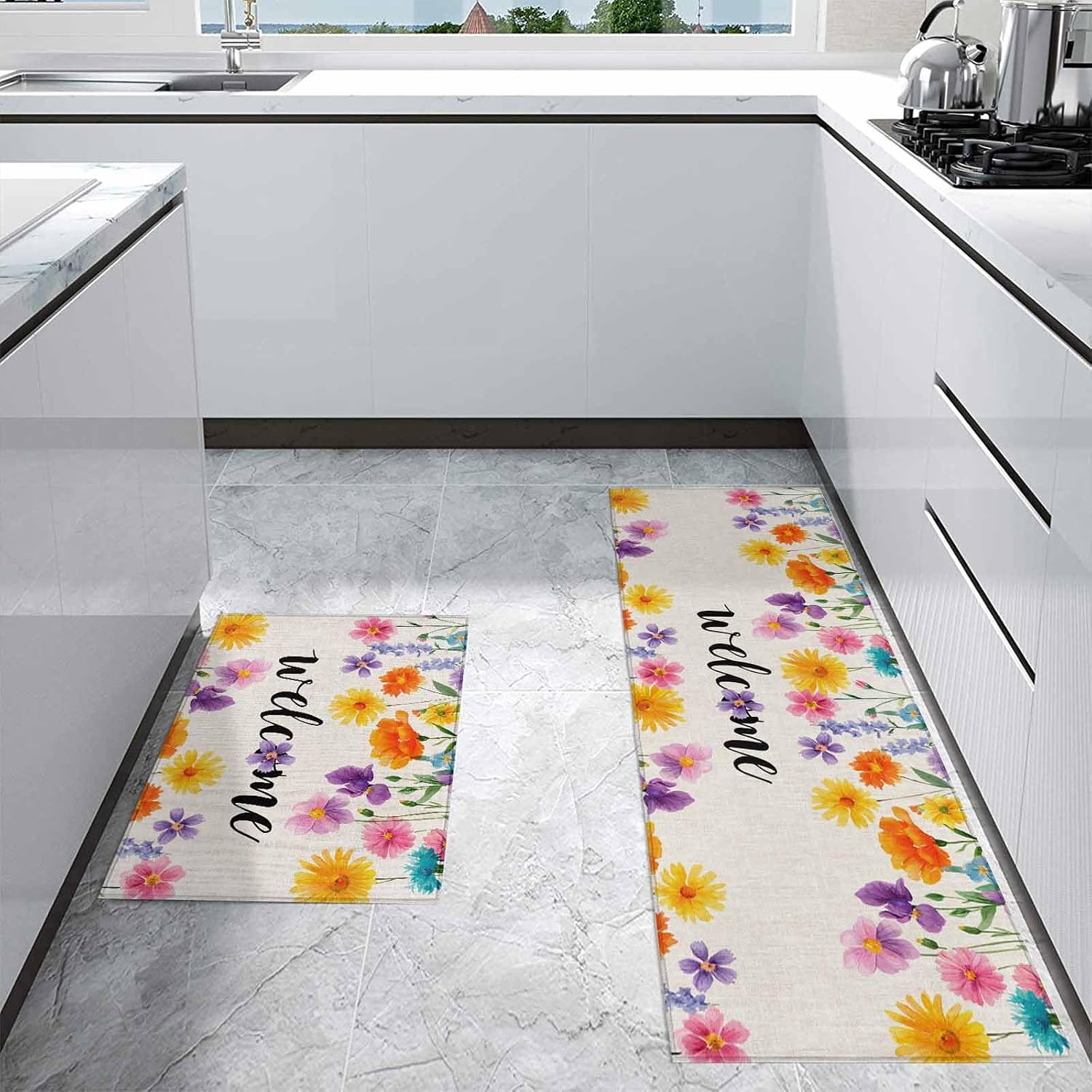 Kitchen Mats for Floor Rustic Colorful Flower Retro Linen Washable Non Slip Kitchen Rugs 2PCS, Pastoral Blossom Floral Absorbent Standing Mats for Sink Office Living Room 15.7x23.6in+15.7x47.2in