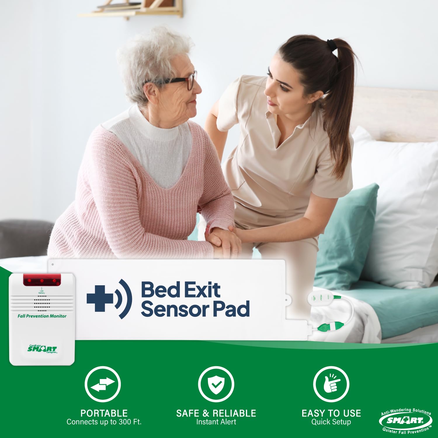 Smart Caregiver - Sistema de alarma inalámbrico para cama con sensor de peso para prevención de caídas | Almohadilla de alarma de 10 x 30 pulgadas para alertas de cama, cuidador médico, alarma de cama | Almohadilla con sensor de peso, prevención de caídas