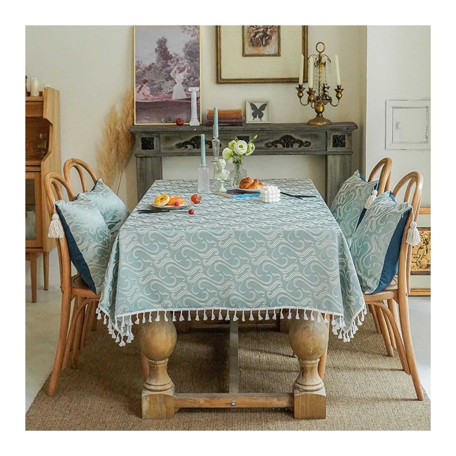 Tovaglia Rettangolare Verde, Tovaglia Tavolo Salotto Cotone Lino Forma Di Nuvola con Nappa Copri Tavolo 135X240CM per Soggiorno Cucina
