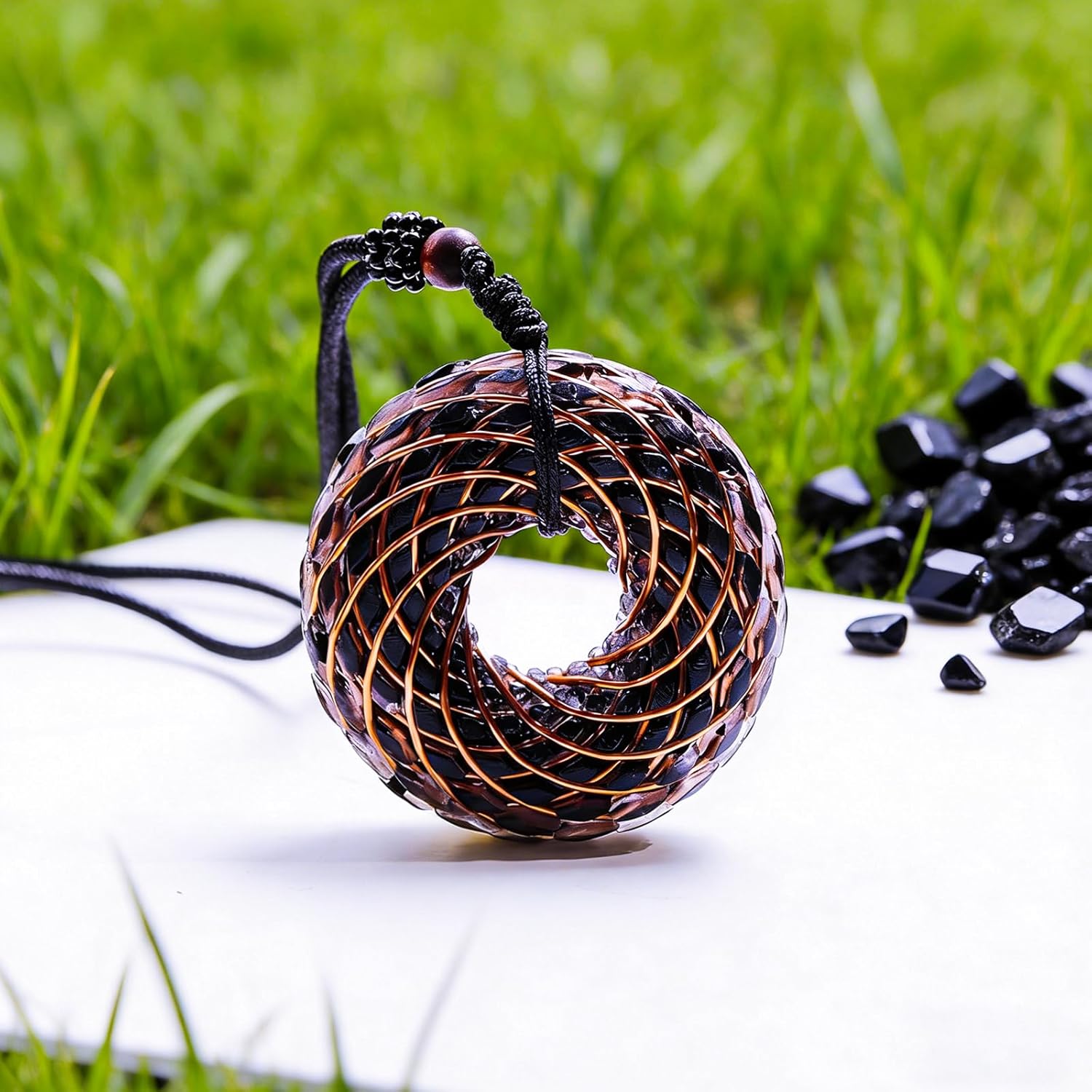 Black Tourmaline Crystal Orgone Pendant Rodin Coil Necklace, 26.77 Inch Adjustable Rope Chain, Protection Meditation Jewelry