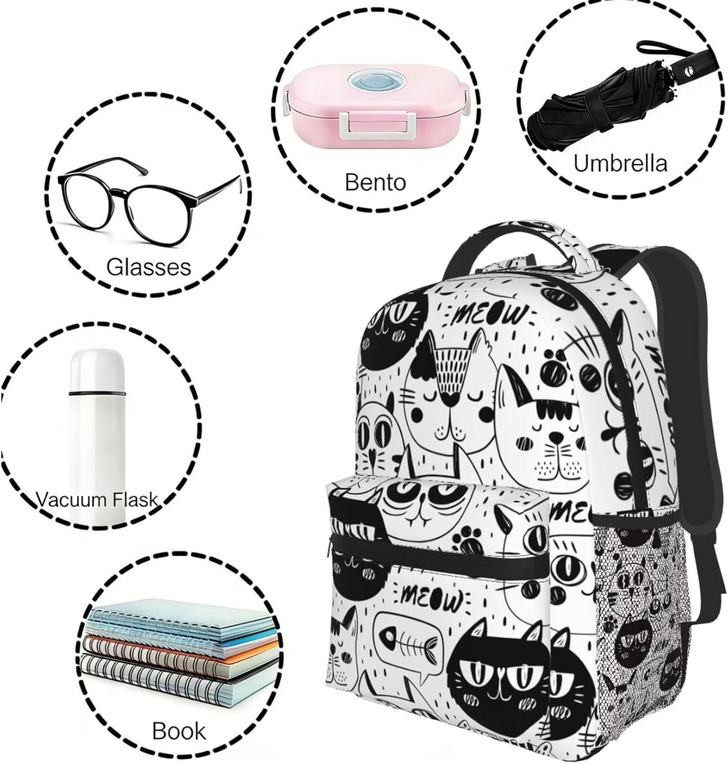 Black White Cat Faces Laptop Backpack For Men Women, Multifunctional Lightweight Daypack Bookbag For Daily Commutes Business Travel Hiking
