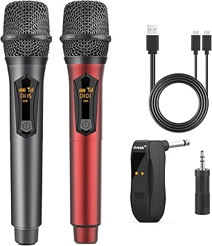 Aveek Wireless Microphone for Karaoke, Rechargeable Karaoke MicrophoneWork 10hs, for Speaker, Karaoke Machine,Church, Speech, Wedding, Party Singing, Grey&Red, 2 Packs