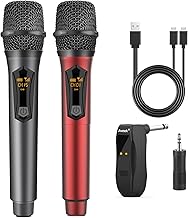 Aveek Wireless Microphones, Professional Rechargeable Wireless Microphone with Receiver 2.4GHz Dual Wireless Microphone for Karaoke Singing, Speech, Wedding, Church, Grey and Red, 2 Pieces