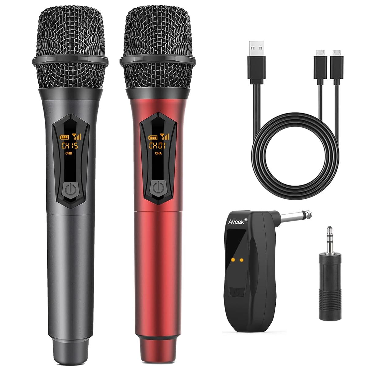 Aveek Wireless Microphone for Karaoke, Rechargeable 10h Battery, Grey&Red