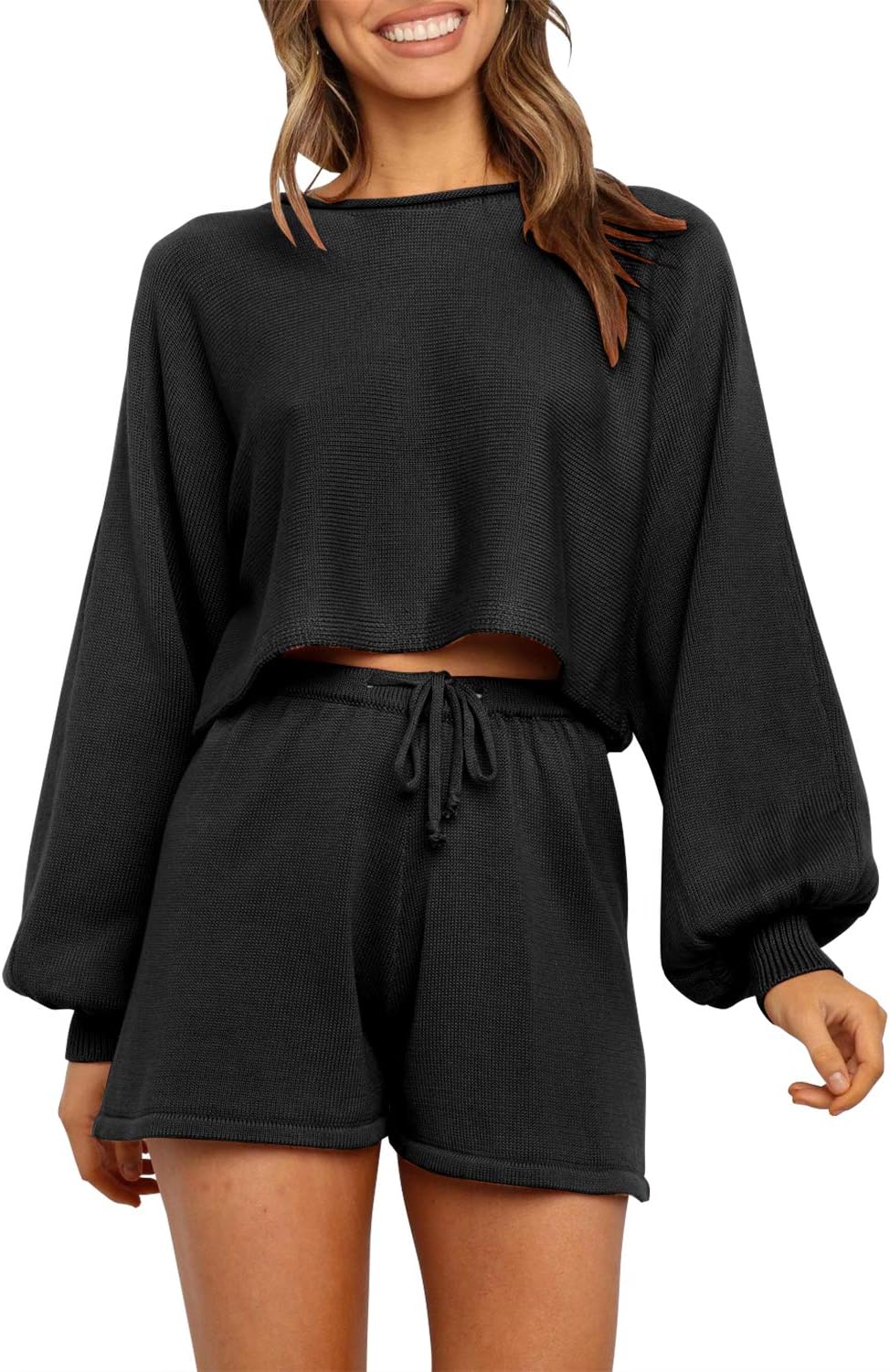 ZESICA Women's 2-Piece Knit Sweater Set – Long Sleeve Crop Top & Shorts, Casual Lounge Outfit (Wine) - View #9