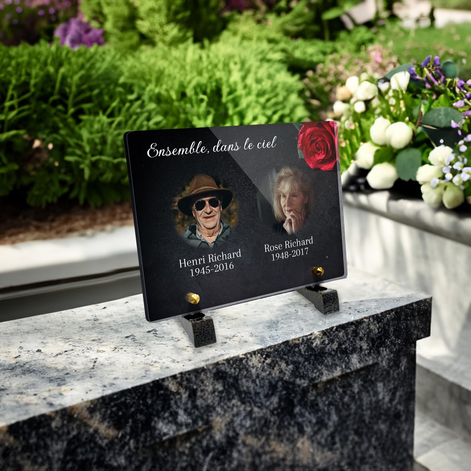 Plaque funéraire Personnalisable en plexiglass avec Double Photos, Hommage pour Couples, Motif Rose, Format 20x15 cm