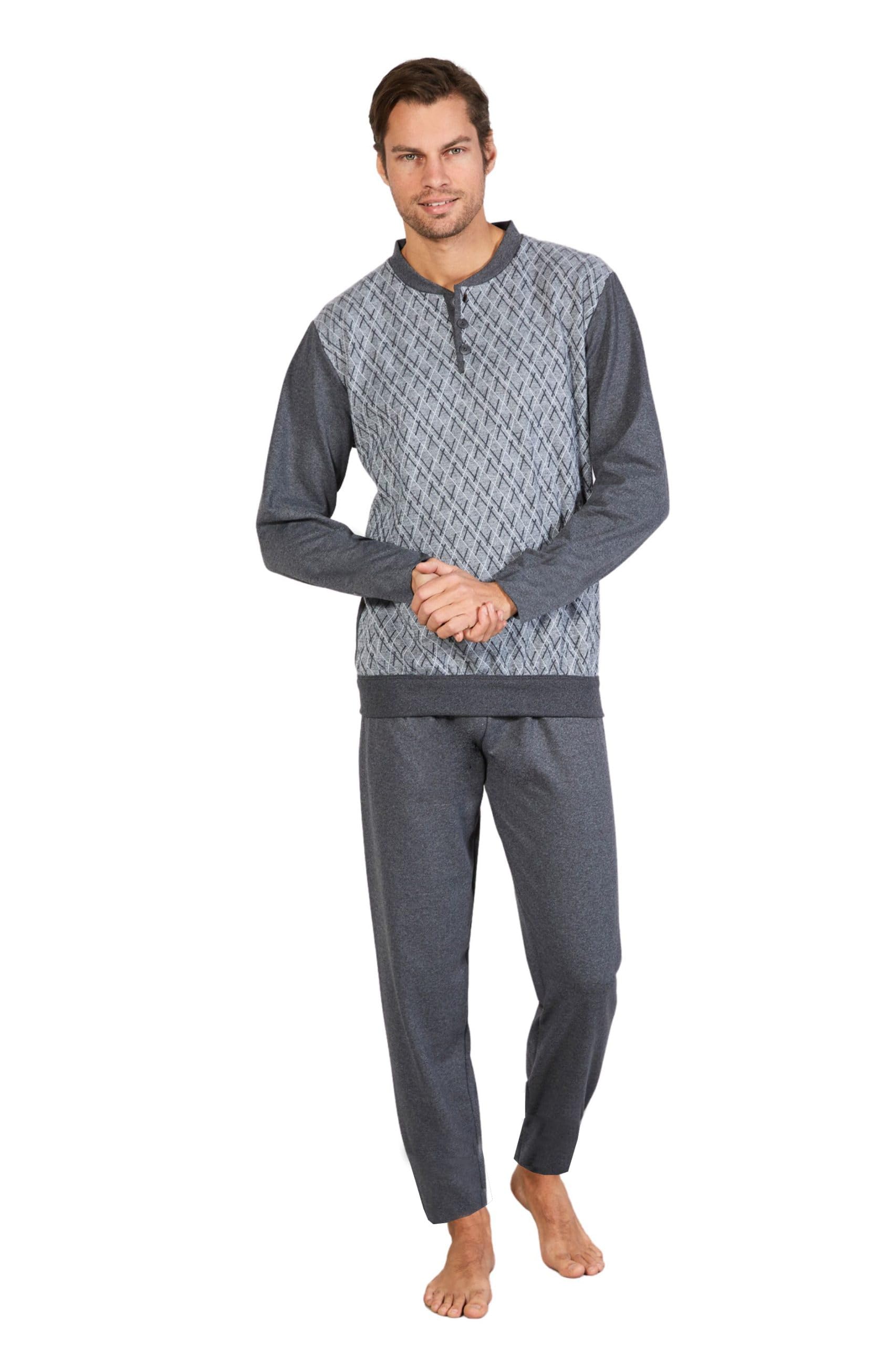 Leo Corsetteria Pigiama Uomo Invernale Serafino Jacquard Felpato Molto Caldo No Polsini Maglia 6100-59MP