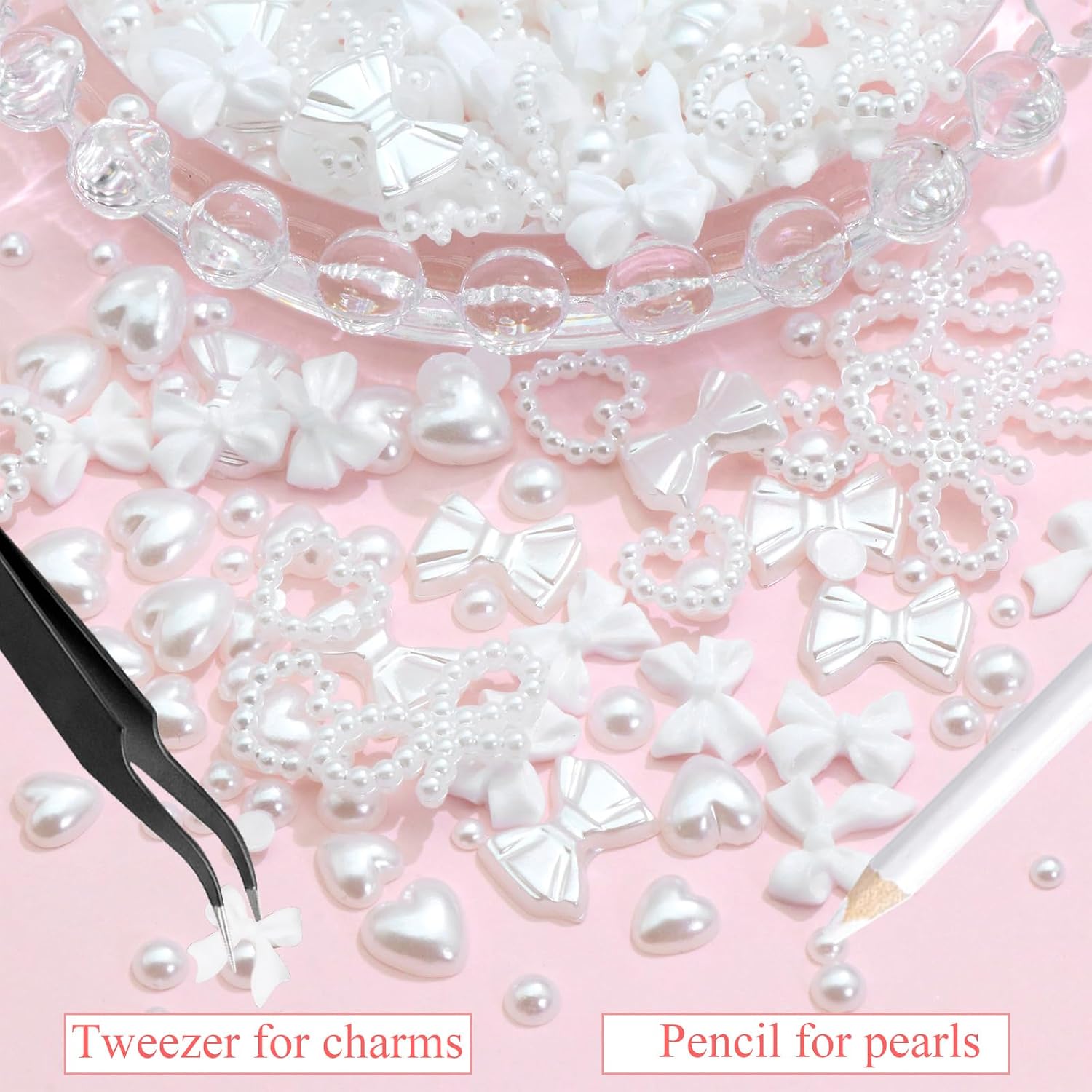 RODAKY Bow Nail Charms White Heart Charms for Nail 3D Bowknot Nail Art Stud Flatback Nail Pearl Rhinestone Multistyle Cute Kawaii Nail Decoration Resin White Nail Accessories for Women and Girls