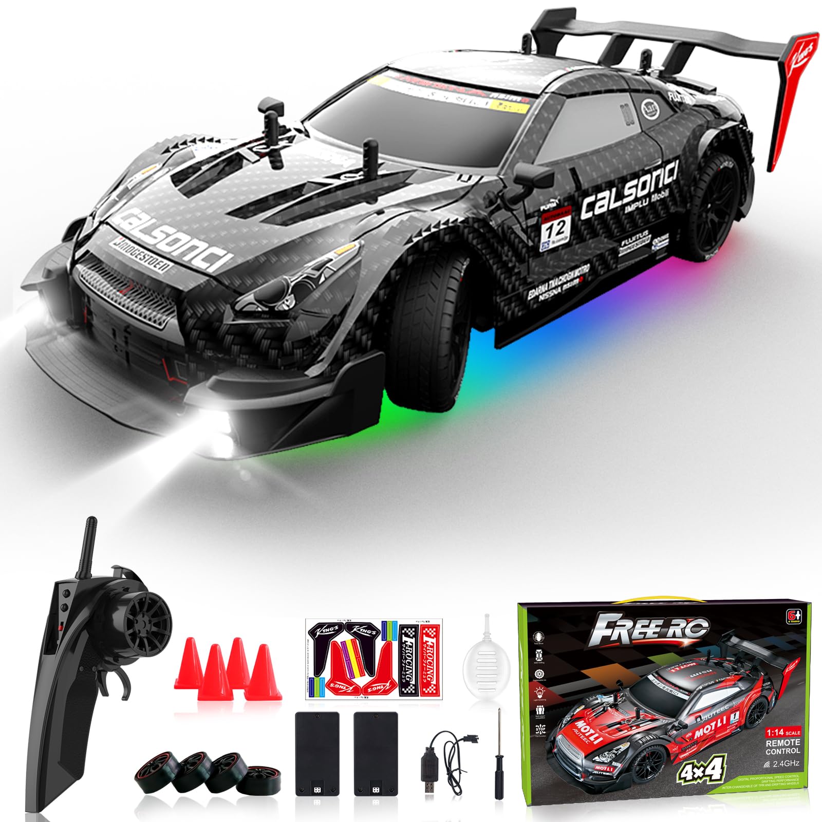 LFOLUSU Remote Control Car RC Drift Car 1:16 Scale 4WD RC Car with LED Lights 2.4GHz 30km/h RTR High Speed Racing Sport Toy Car for Adults Boys Girls Kids Gift 2Pcs Rechargeable Battery
