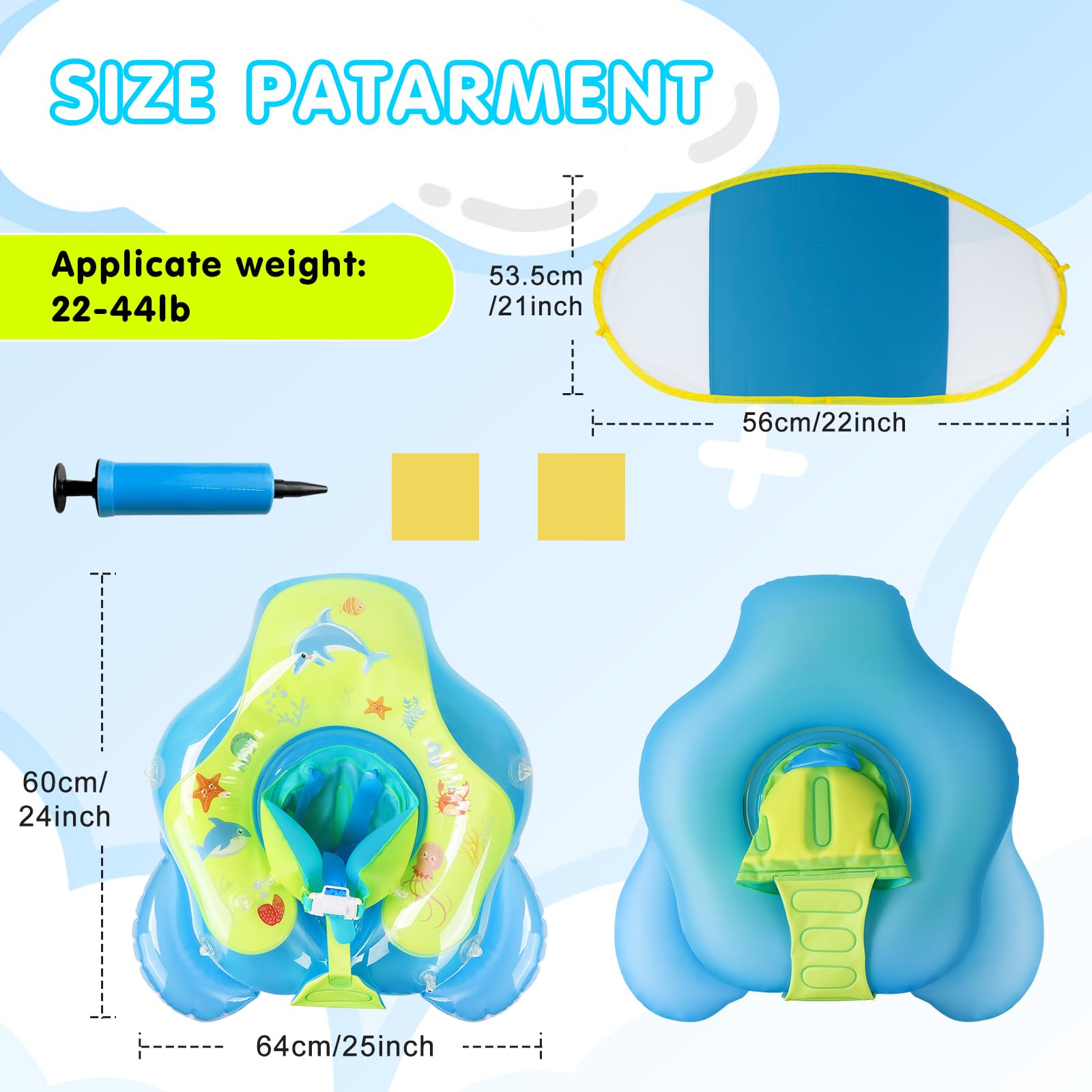 Baby Schwimmring mit abnehmbarem Sonnenschutz und Glöckchen, inklusive 1 x Handpumpe und 2 x Reparaturaufklebern. Kinderfreundliches Design, geeignet für Kleinkinder von 6–36 Monate