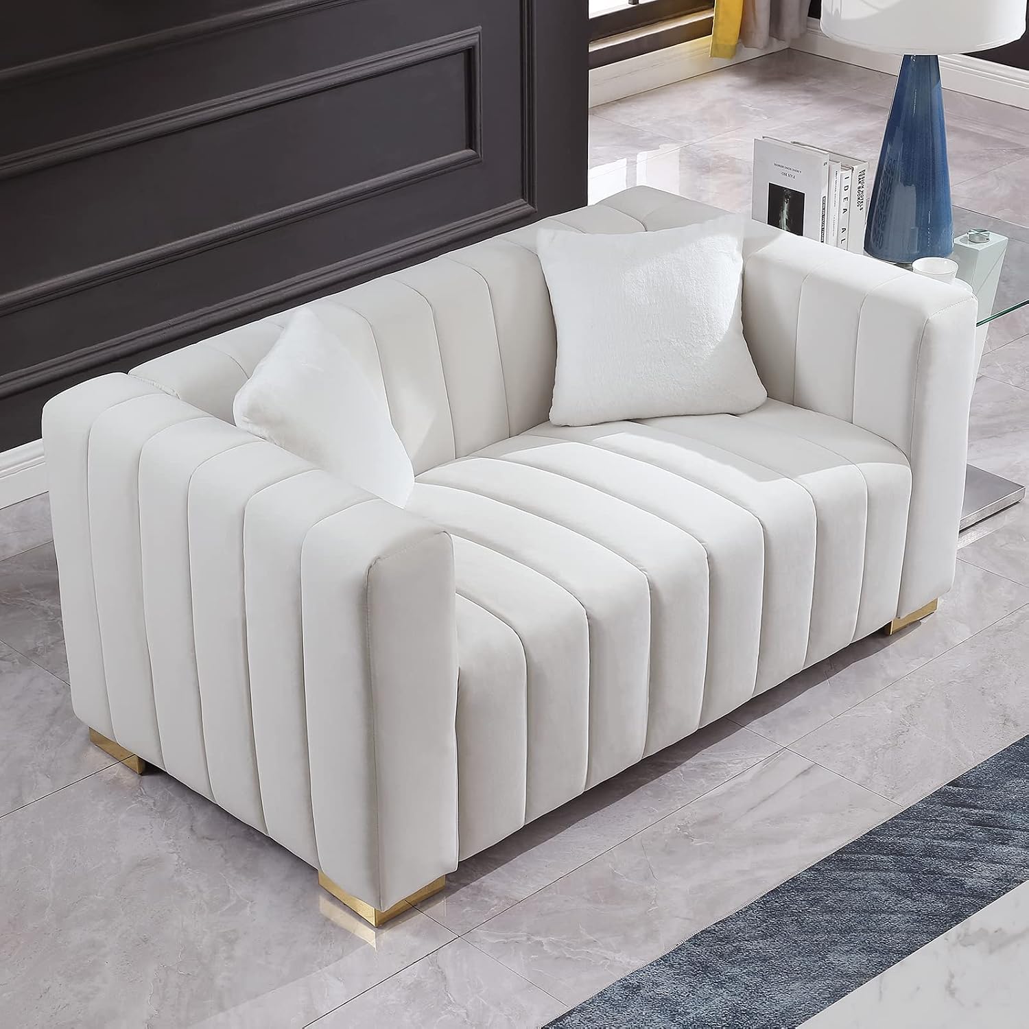 Familymill 63'' Modern Premium Velvet 2-Seater Couch/Loveseat Sofa with Metal Base Legs and 2 Pillows for Living Room/Bedroom, White