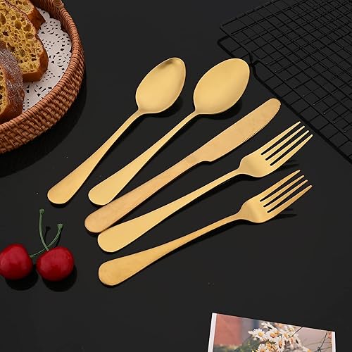 Miniatura 3 de JASHII Juego de cubiertos con acabado satinado, 20 piezas, servicio para 4, juego de cubiertos chapados en titanio, juego de utensilios de oro mate,