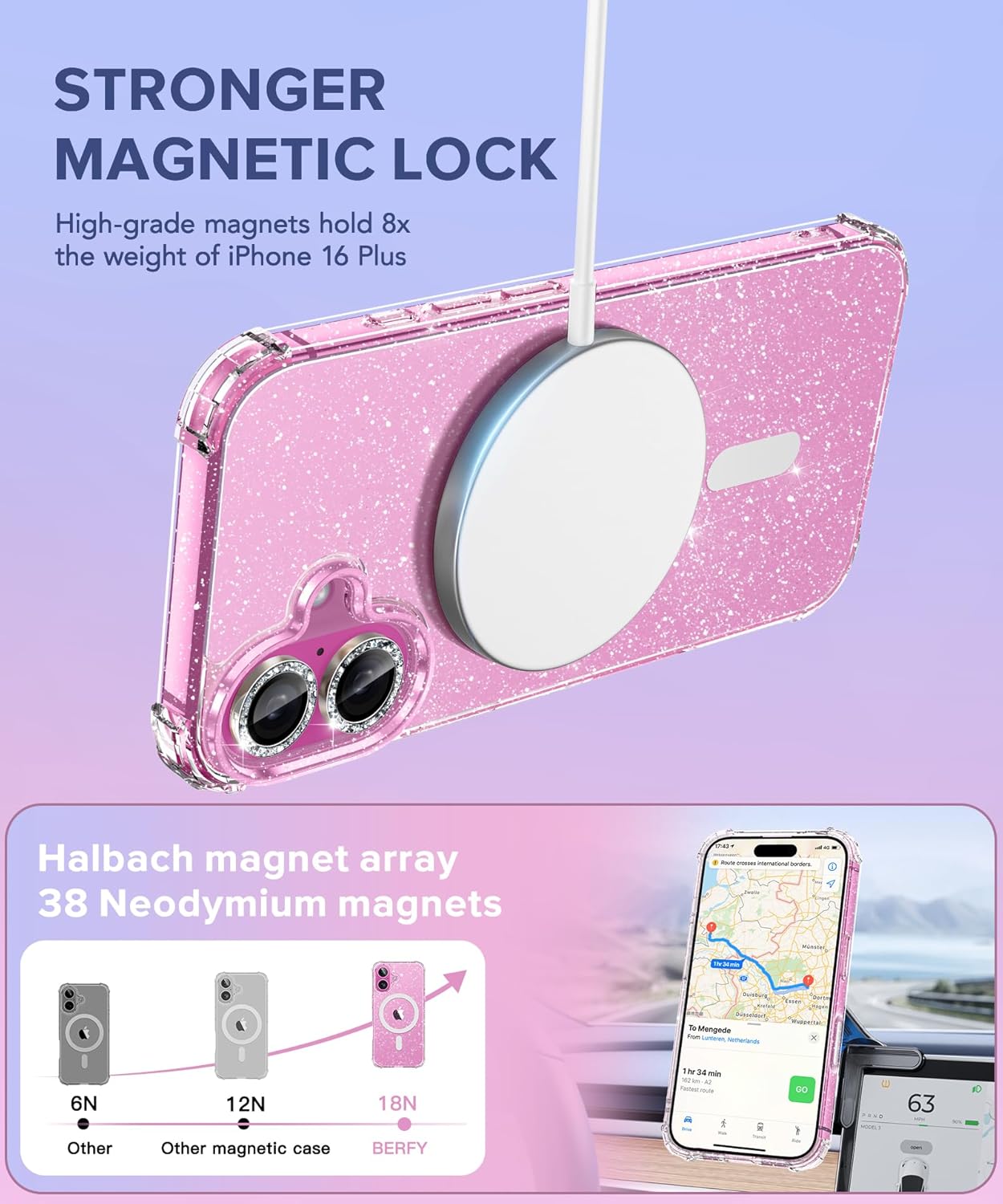 BERFY for iPhone 16 Plus Case Glitter 6.7", Compatible with Magsafe, Women Clear Bling Cute Magnetic Phone Cover, [with 9H Tempered Screen Protector] [2X Diamond Camera Lens Protectors], Shiny Clear - Image 4