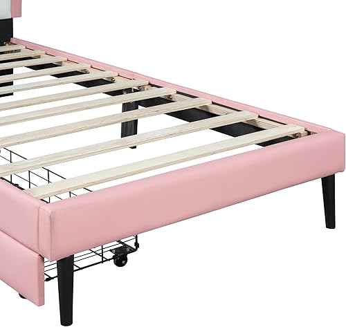 Miniatura 59 de Moderna base de cama de madera maciza de tamaño matrimonial para niños con cabecera en forma de corona, marco de cama tapizado de princesa con luces