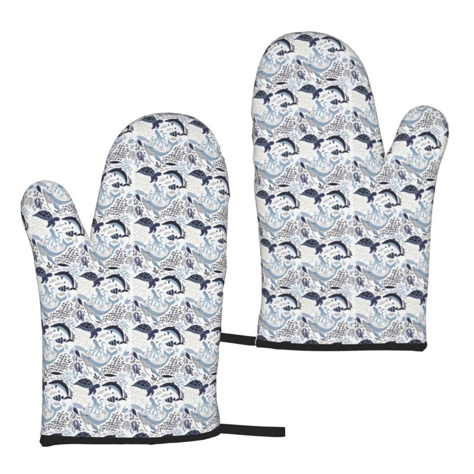 Turtle Octopus Pattern Ocean Theme Print Universal Fit Comfort Gloves Protection Heat Resistant Oven Kitchen Baking Grilling