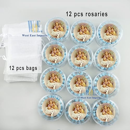 Miniatura 7 de Rosario azul perfumado para bautismo para bebé niño, 12 rosarios de madera con caja de regalo individual y bolsasRecuerdos de mi Bautizo
